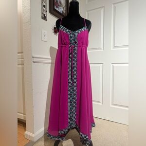 Nicole Miller Fuchsia Maxi Dress with Geometric Trim and Asymmetric Hem